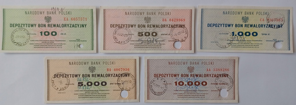 Zestaw Depozytowy Bon Rewaloryzacyjny 100 500 1000 5000 10000 zł