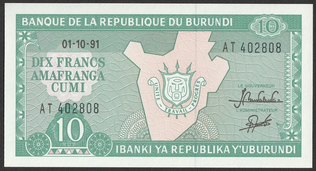 Burundi 10 franków 1991 - stan bankowy UNC