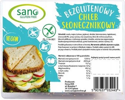 SANO CHLEB chleb słonecznikowy BEZGLUTENOWY 350g