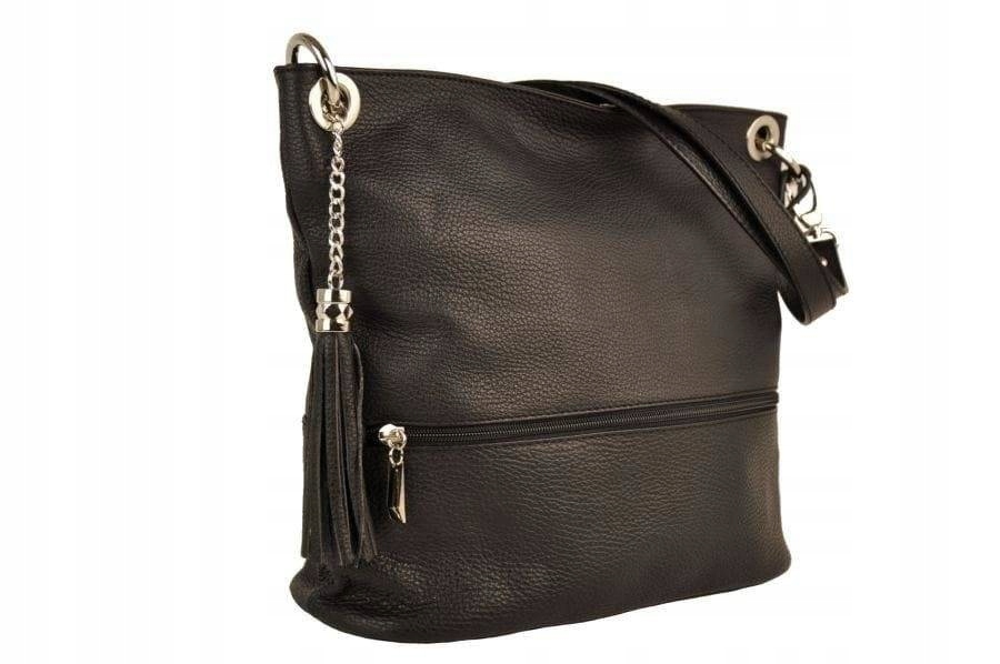 Skórzana torebka damska na ramię z frędzlem czarna - Barberini's 163-1