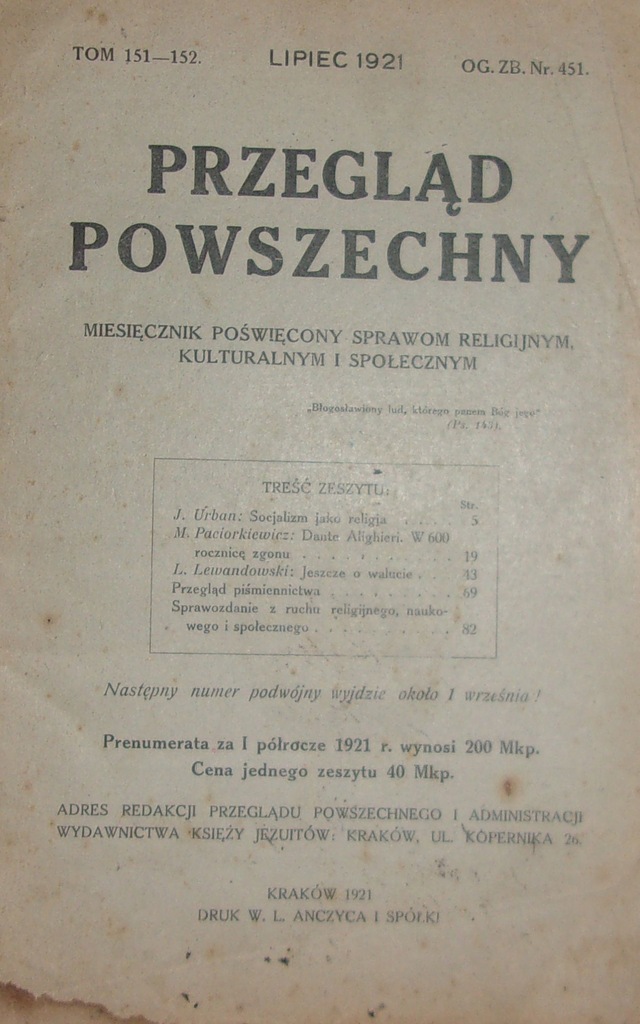 PRZEGLĄD POWSZECHNY LIPIEC 1921 TOM 151-152