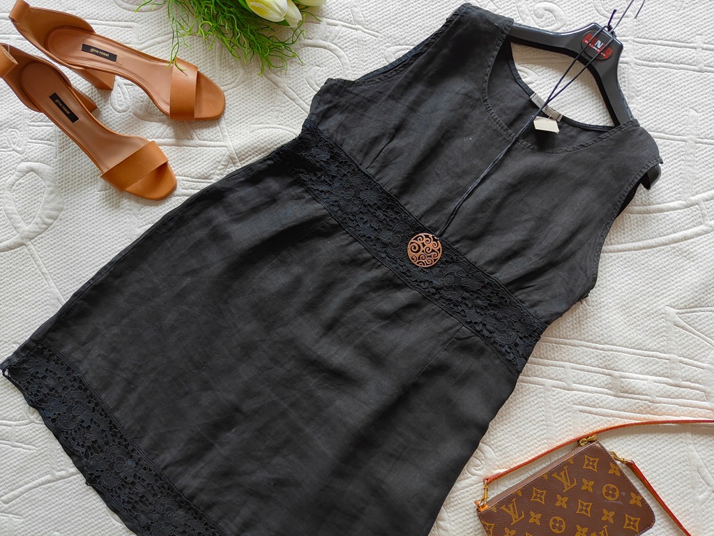 ITALY CZARNA LNIANA WAKACYJNA SUKIENKA LEN BIURO BOHO XLXXL