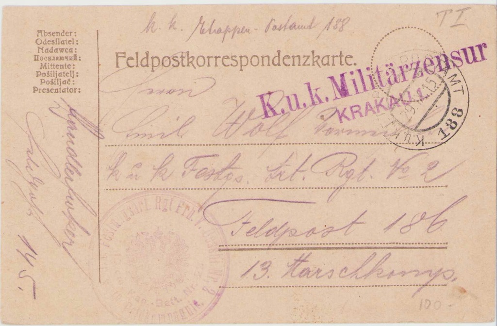 Feldpost 186 - Stempel Cenzura Kraków 1915