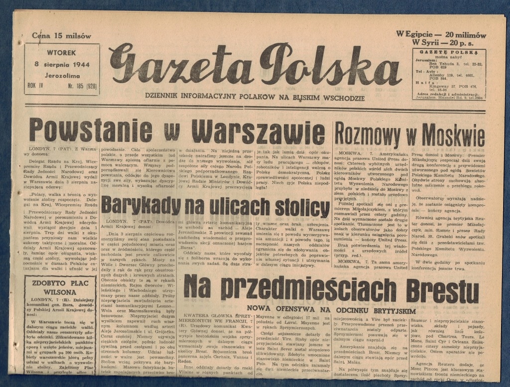 Powstanie Warszawskie, oryginalna gazeta z 1944