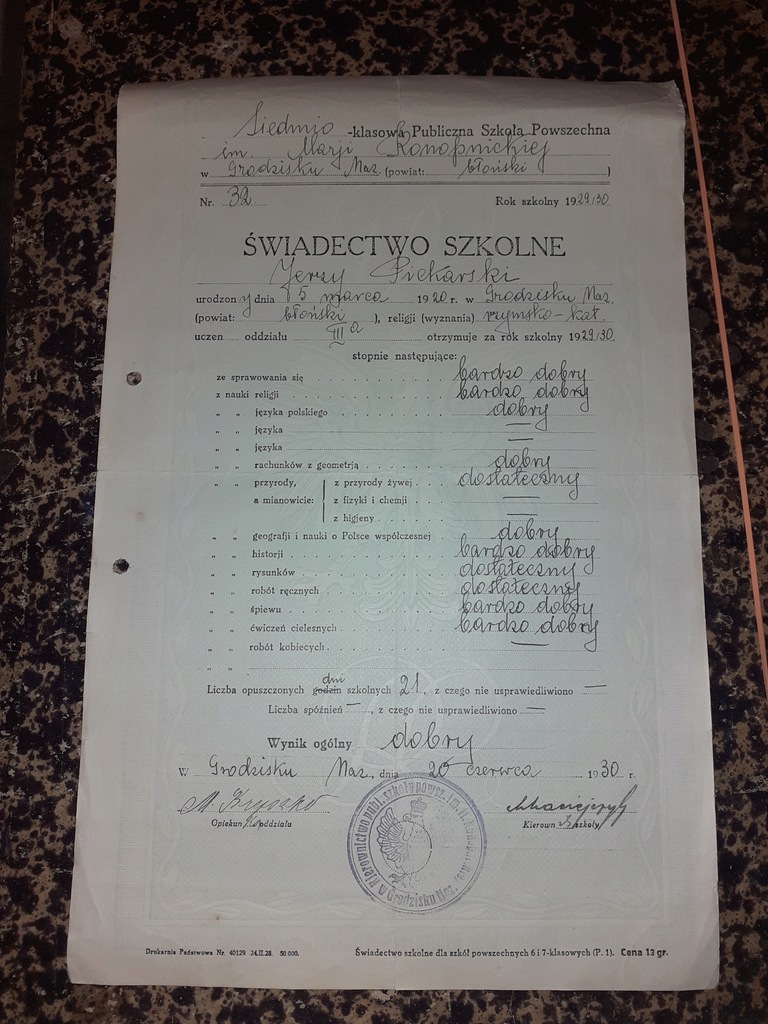 23POLSKA SWIADECTWO SZKOLNE 1920-30 Stary Dokument