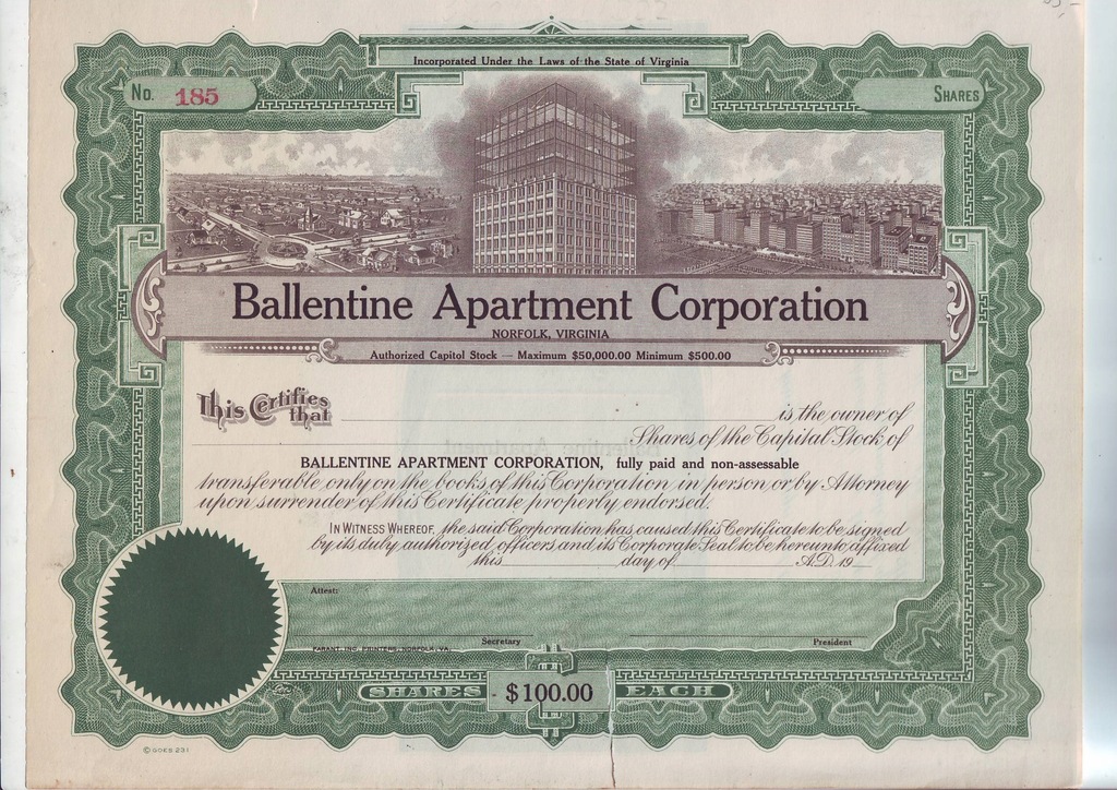 Ballentine Apartament Corporation, akcje po 100 $