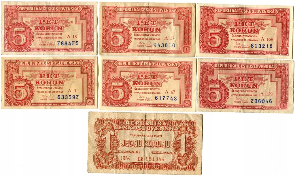 Czechosłowacja, zestaw 5 koron 1949, 1 korona 1944