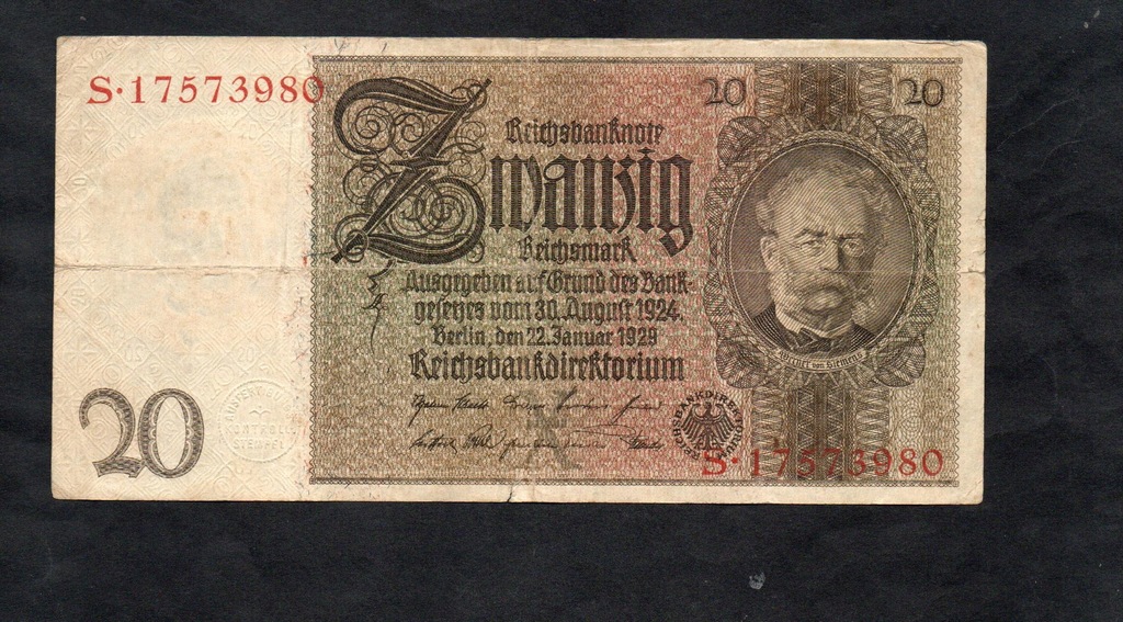 BANKNOT NIEMCY -- 20 reichsmark -- 1924 / 1929 rok -- ser. S