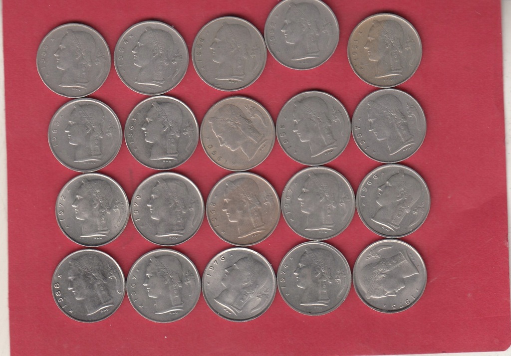 Belgia zestaw 20 rocznikow 1 frank od 1951 ladne