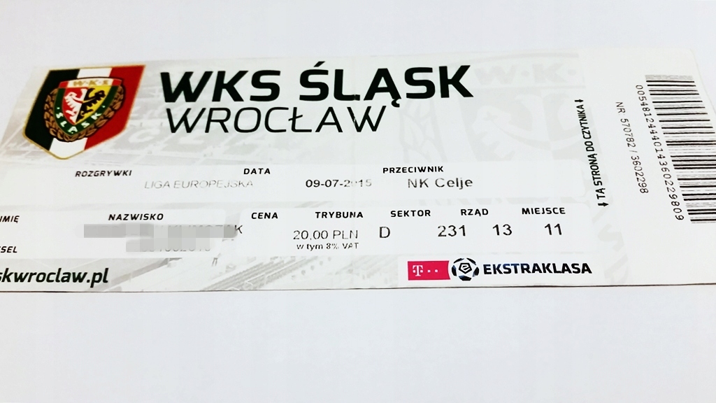 bilet ŚLĄSK Wrocław - NK CELJE 09.07.2015