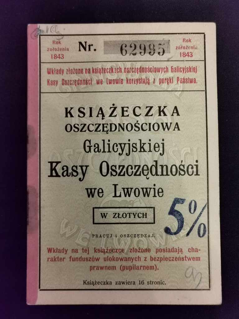 Książeczka Oszczędnościowa Lwów 1937 Galicyjska Kasa Oszczędności -3-
