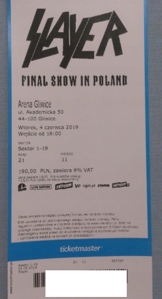 Slayer Final Show Gliwice bilet
