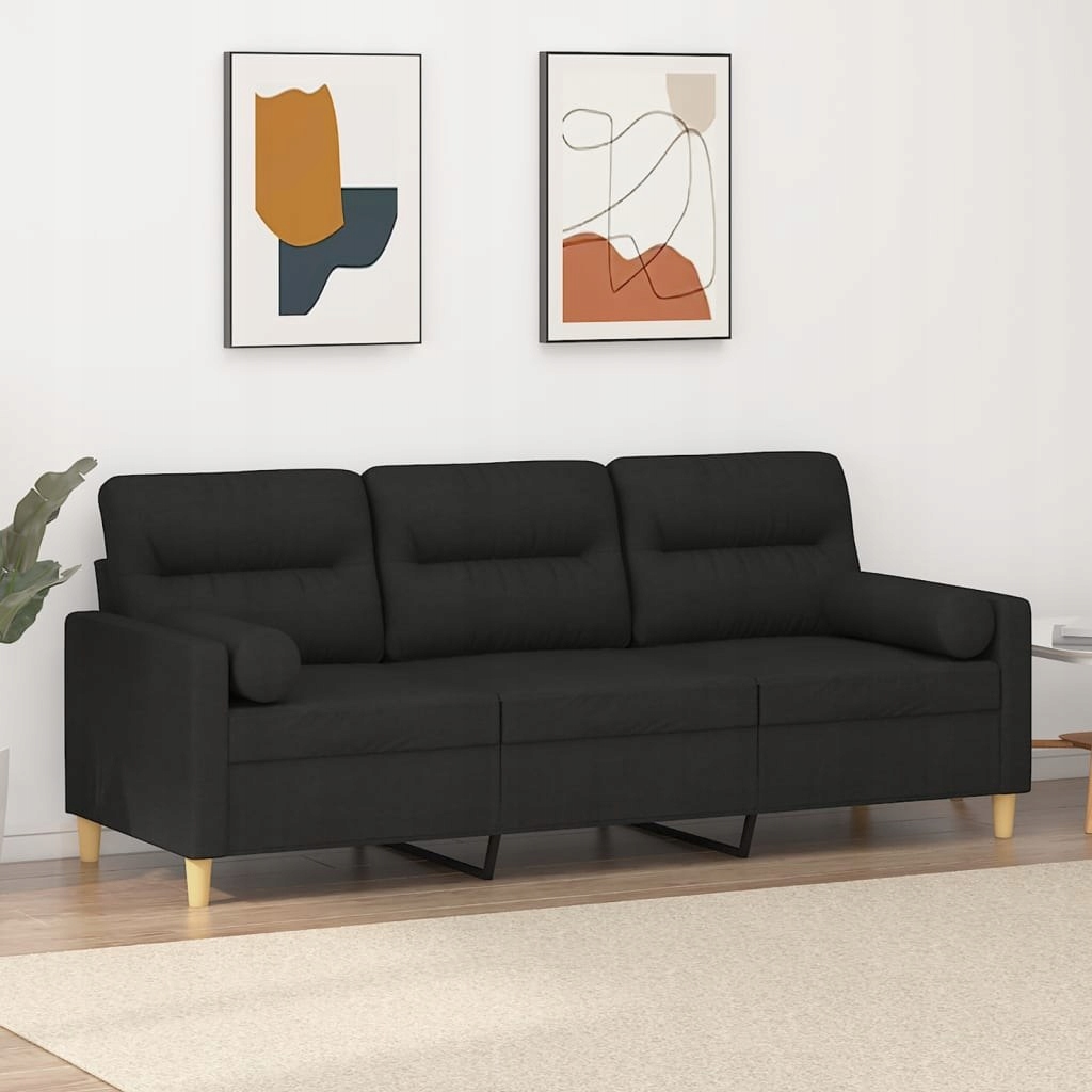 VidaXL 3-osobowa sofa z poduszkami, czarna, 180 cm, tkanina