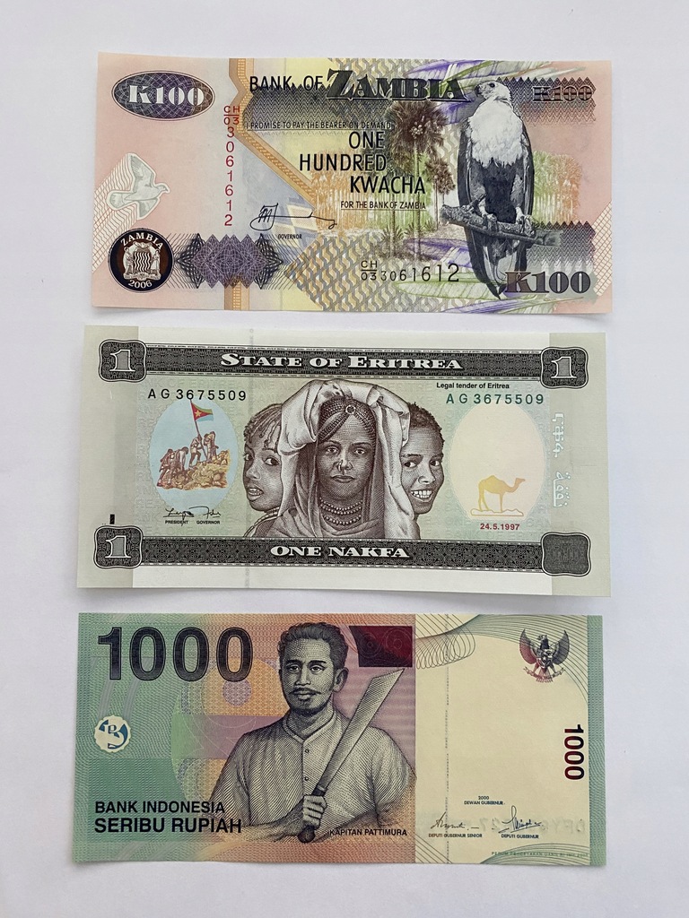 Banknoty UNC - Zambia Erytrea Indonezja