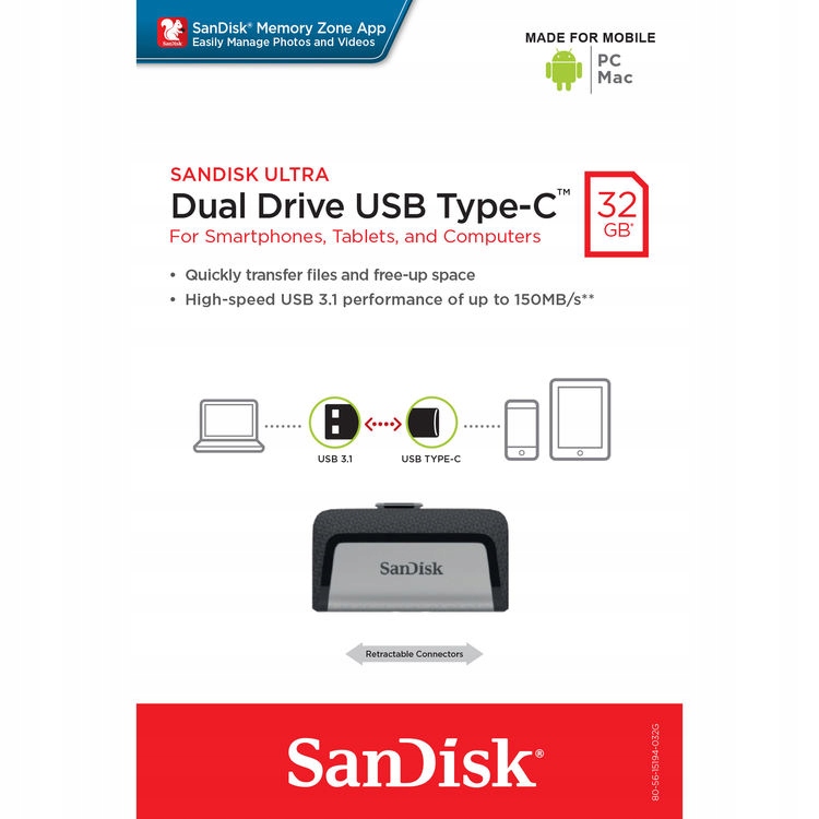 Купить Двойной накопитель SanDisk USB-C | 64 ГБ | 150 МБ/с: отзывы, фото, характеристики в интерне-магазине Aredi.ru