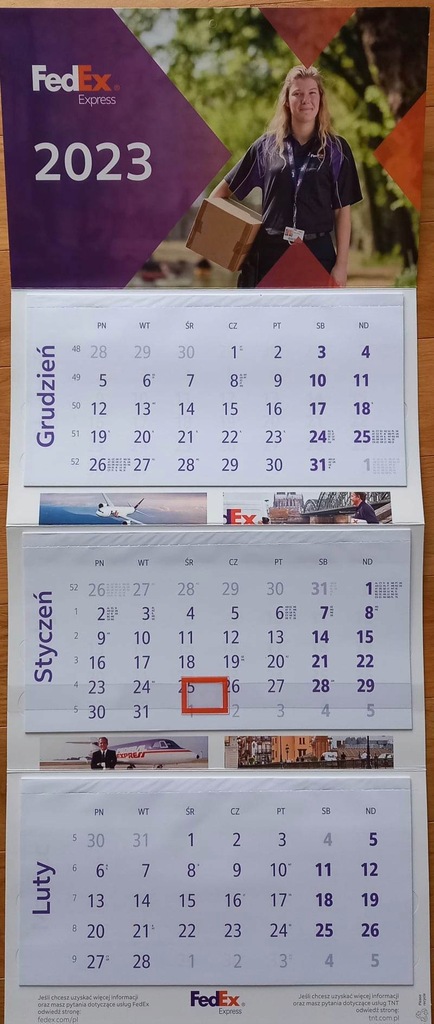 KALENDARZ ŚCIENNY 2023 rok FedEx 3-miesięczny