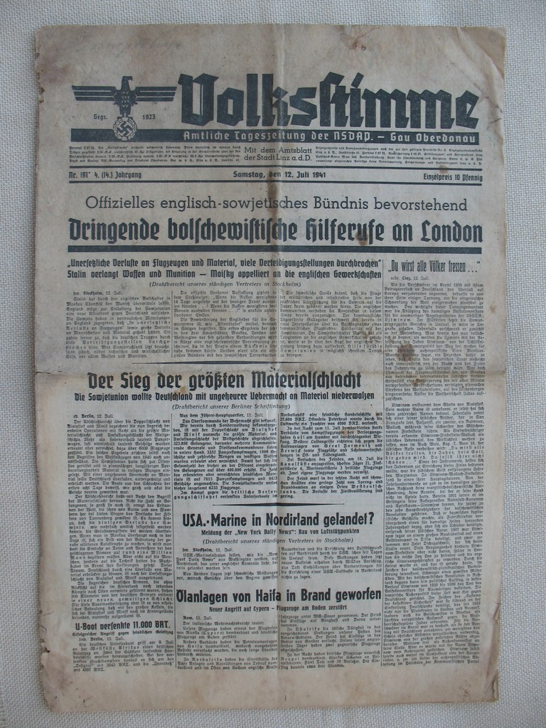 VOLKSSTIMME-GŁOS LUDU III RZESZA OFICJALNY ORGAN NSDAP 1941