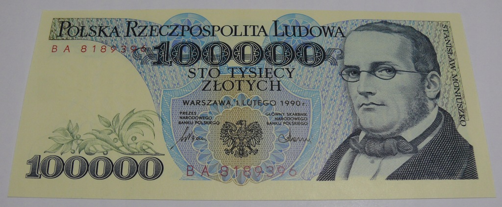 100000 zł 1990 S. MONIUSZKO - ser. BA - STAN BANKOWY