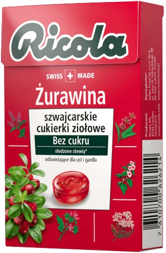 RICOLA CUKIERKI ZIOŁOWE BEZ CUKRU ŻURAWINA 0 CUKRU