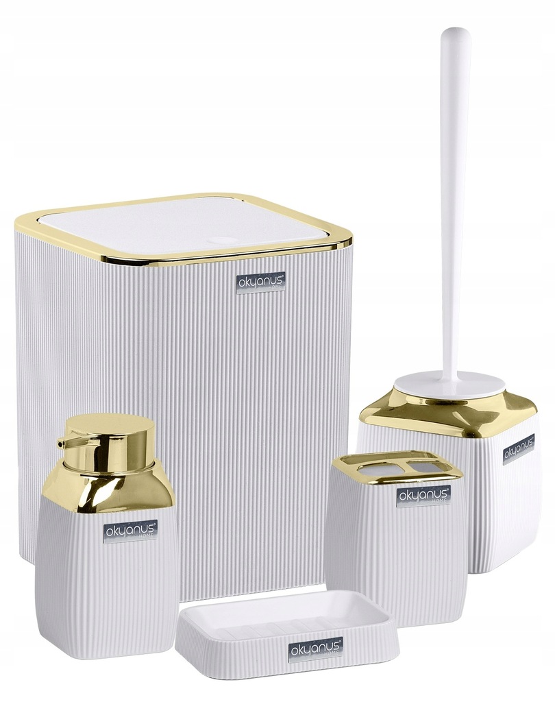 Zestaw łazienkowy Stripe biały złoty komplet do wc 5 elementów kosz 5w1