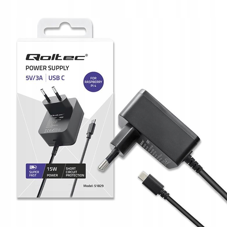 Ładowarka Qoltec Super FAST PD do Raspberry PI 4 | USB-C | 15W | 5V | 3A |