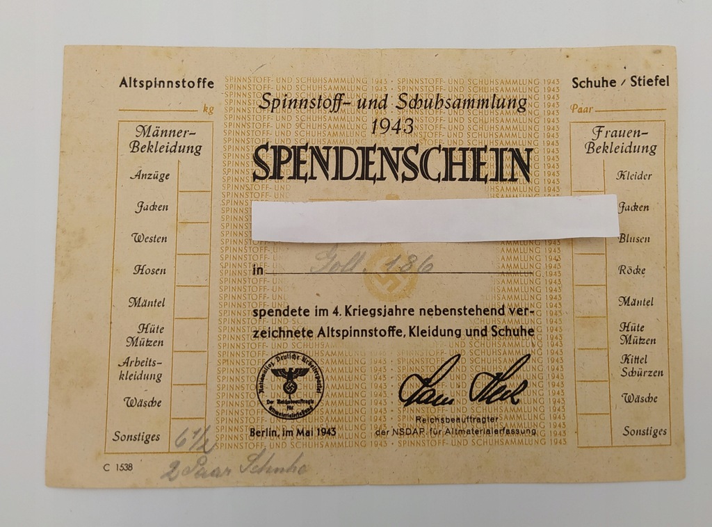 Spendenschein 1943 *