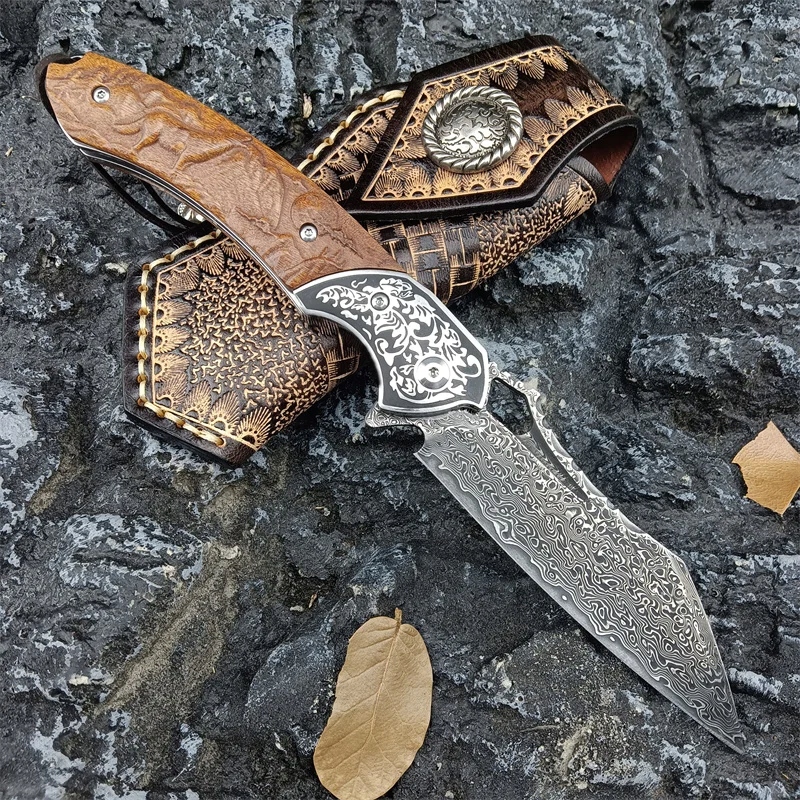 Folding Pocket Knife Damascus Steel Blade Rosewood Handle with Sheath High