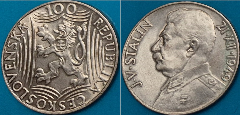 Czechosłowacja 100 koron 1949r. 70 lat urodzin Stalina KM 30 srebro 14 gr.