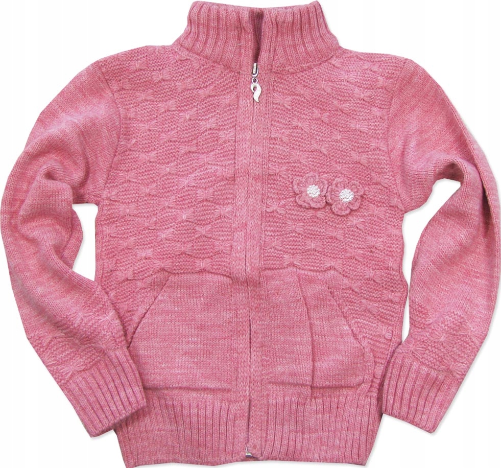 8-9L Sweter sweterek dziewczynki zapinany na zamek golf KWIATUSZKI różowy