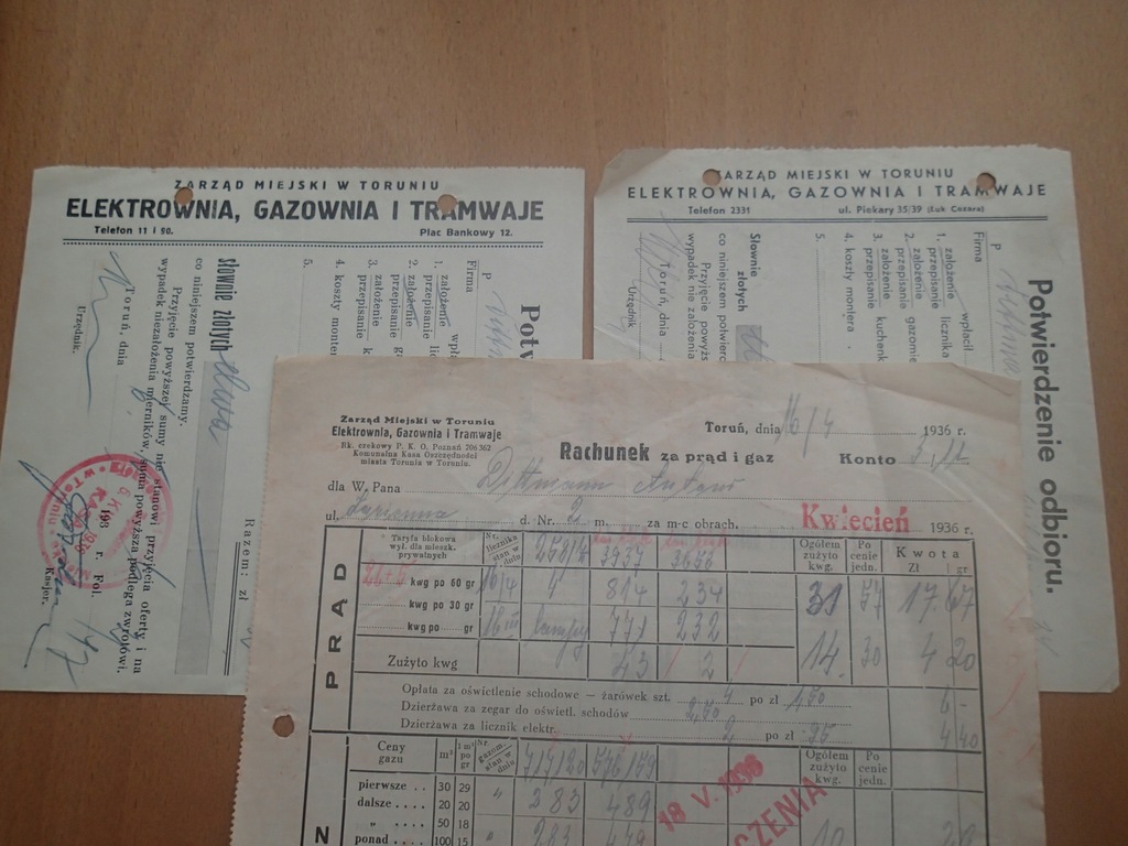 3 X tramwaje Toruń 1936 r rachunki