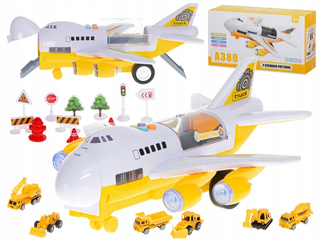 Transporter samolot + 6 aut pojazdy budowlane bok/