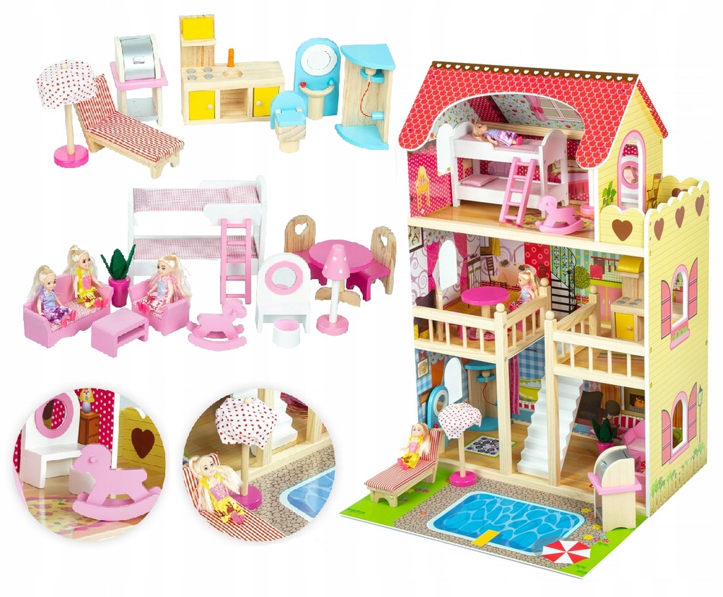 Купить БОЛЬШАЯ ДЕРЕВЯННАЯ МЕБЕЛЬ ДЛЯ КУКОЛЬНОГО ДОМИКА 90СМ + КУКЛЫ ...
