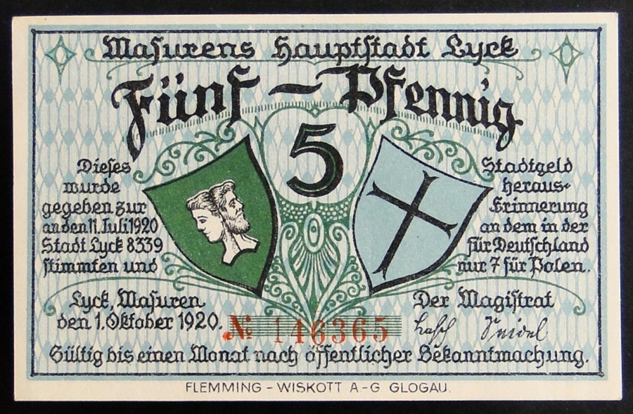 1.10.1920 NOTGELD Miasto EŁK ( LYCK ) - 5 fenigów