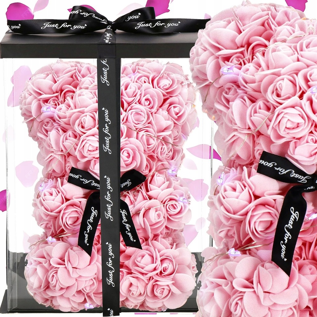 MIŚ Z RÓŻ 30 CM ROSE BEAR Z PŁATKÓW RÓŻ KOKARDA PUDEŁKO NA PREZENT+20LED