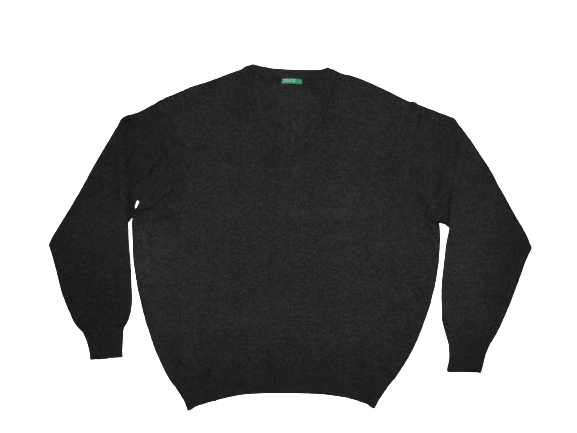 BENETTON Italy Sweter V-Neck szary 100% wełna XL