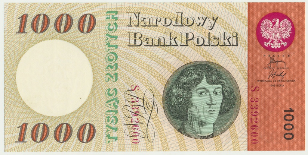 1000 Złotych Polska 1965 UNC Seria S