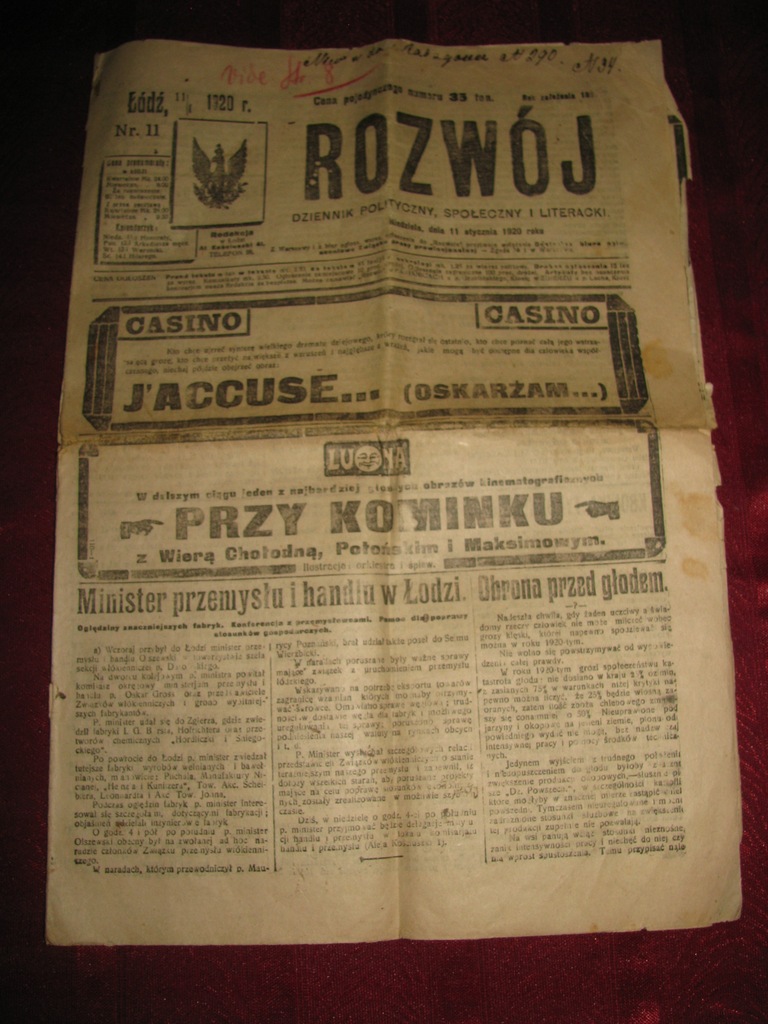 Rozwój 1920 pismo z artykułem gen.Hallera Łódź