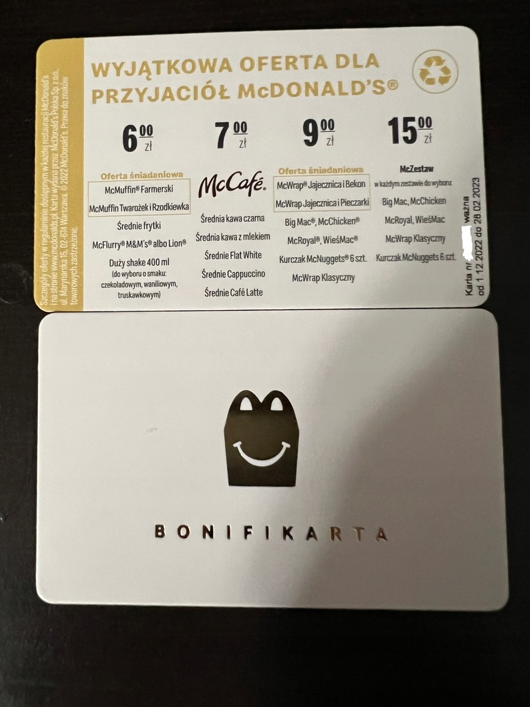 Koperty McDonald's karta b.o.n.i.f.i.k.a.r.t.a