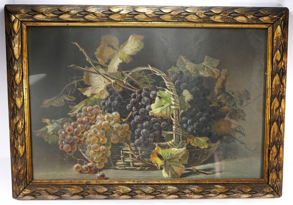 Stara Martwa Natura z Winogronami Złota Rama Szkło