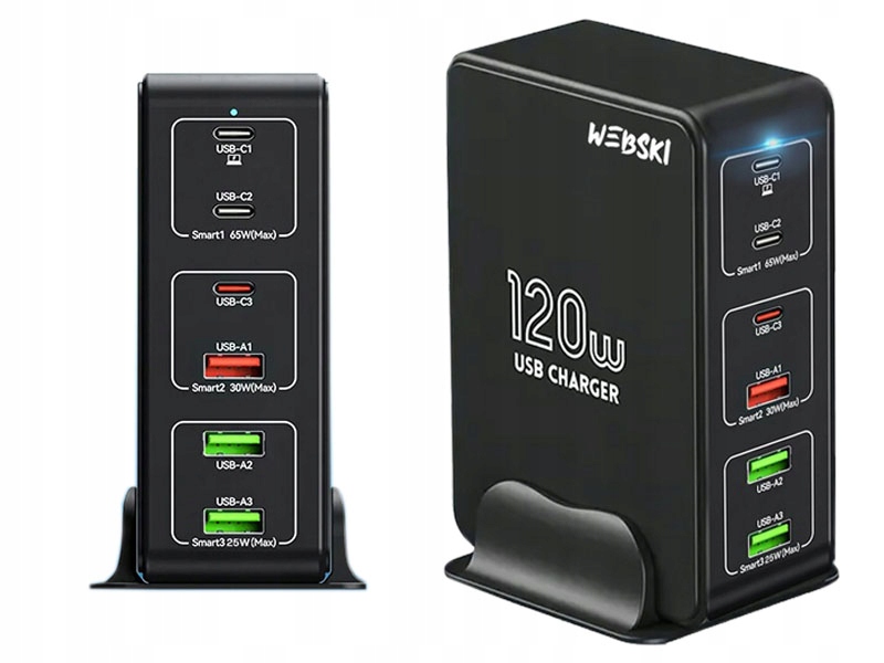 STACJA ŁADOWARKA ŁADOWARKA 6 PORTÓW USB 120W 3xUSB-C PD 3xUSB QUICK CHARGE