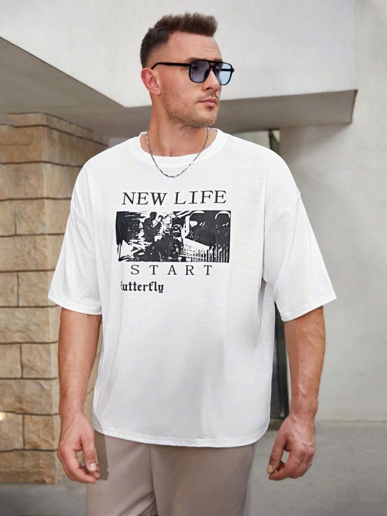 SHEIN BIAŁY MĘSKI T-SHIRT Z CZARNYM PRINTEM NEW LIFE START 5XL 60447