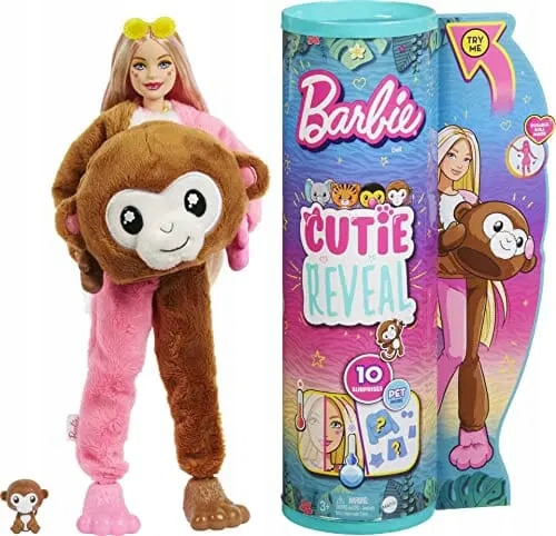 Lalka Barbie HKR01 Cutie Reveal z Małpką i 10 Nies