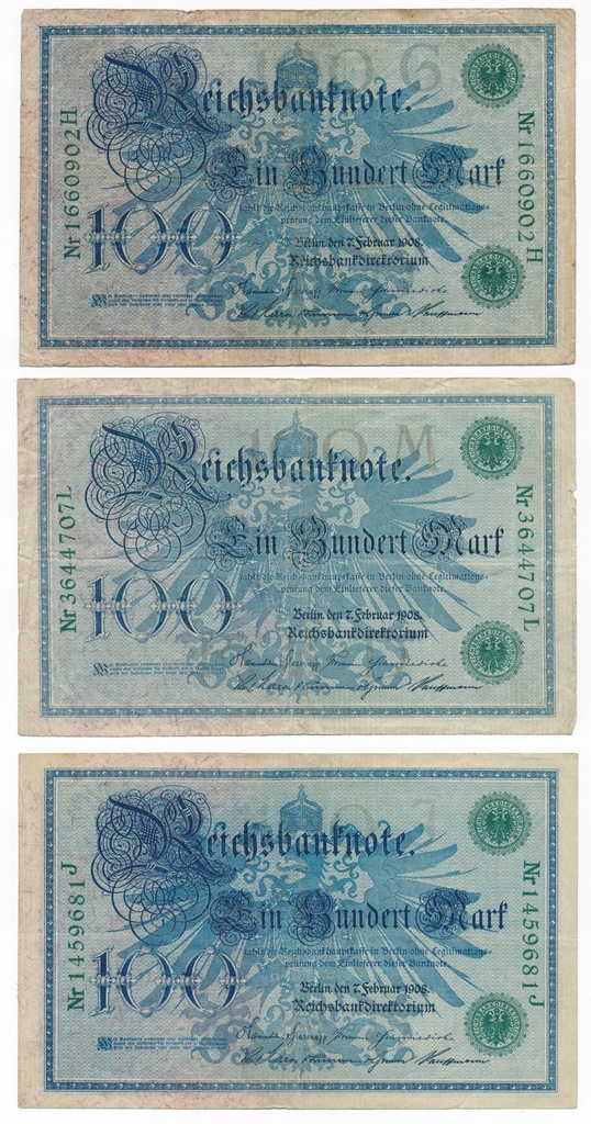Niemcy, 100 marek 1908, Zestaw 3 sztuki