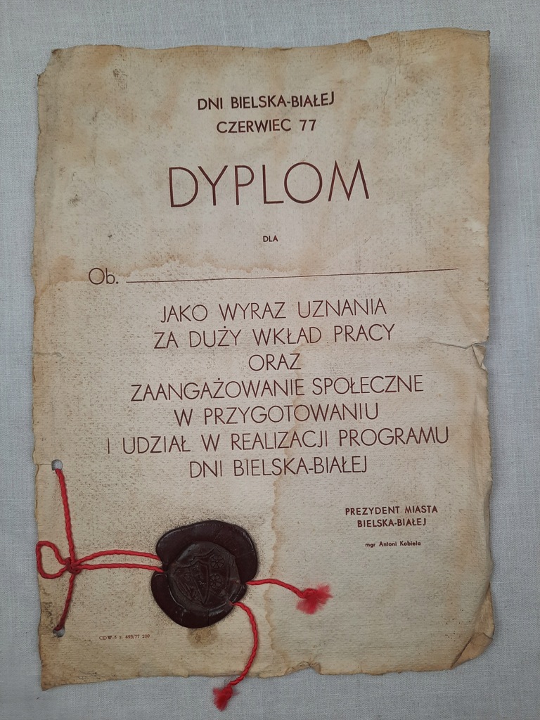 Dyplom dni Bielska Białej 1977 r.