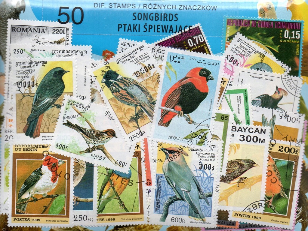 Pakiet 50 znaczków pocztowych - PTAKI ŚPIEWAJĄCE