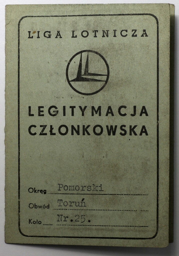 LIGA LOTNICZA LEGITYMACJA CZŁONKOWSKA TORUŃ 1948 r