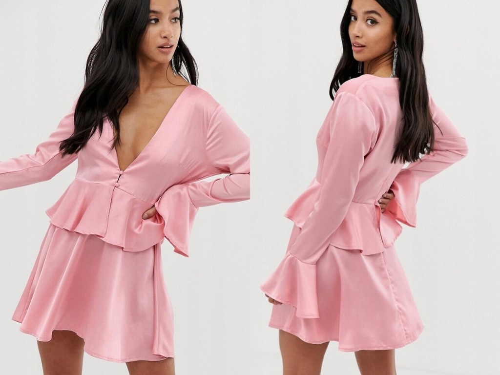 Missguided Różowa satynowa sukienka z dekoltem 44