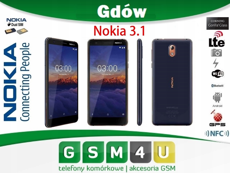 *NOKIA 3.1 2018 DUAL SIM TA-1063 BLUE+SZKŁO GDÓW*