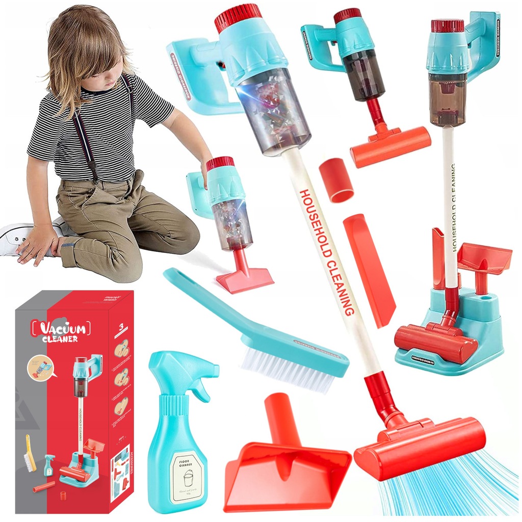 ODKURZACZ PIONOWY DLA DZIECI sprzątający WCIĄGA NA BATERIE 3 KOŃCÓWKI LED