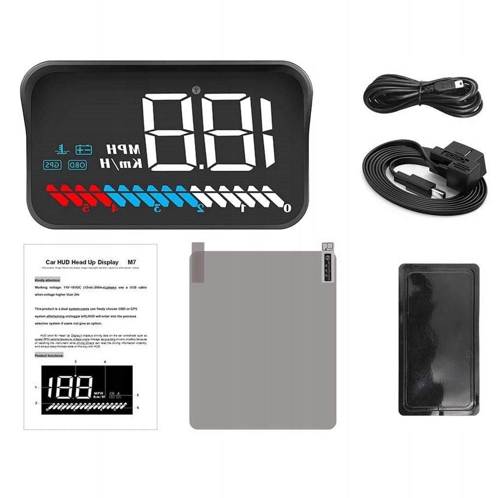 Projektor HUD LED LCD OBD2 M7 z Zegarami i Folią
